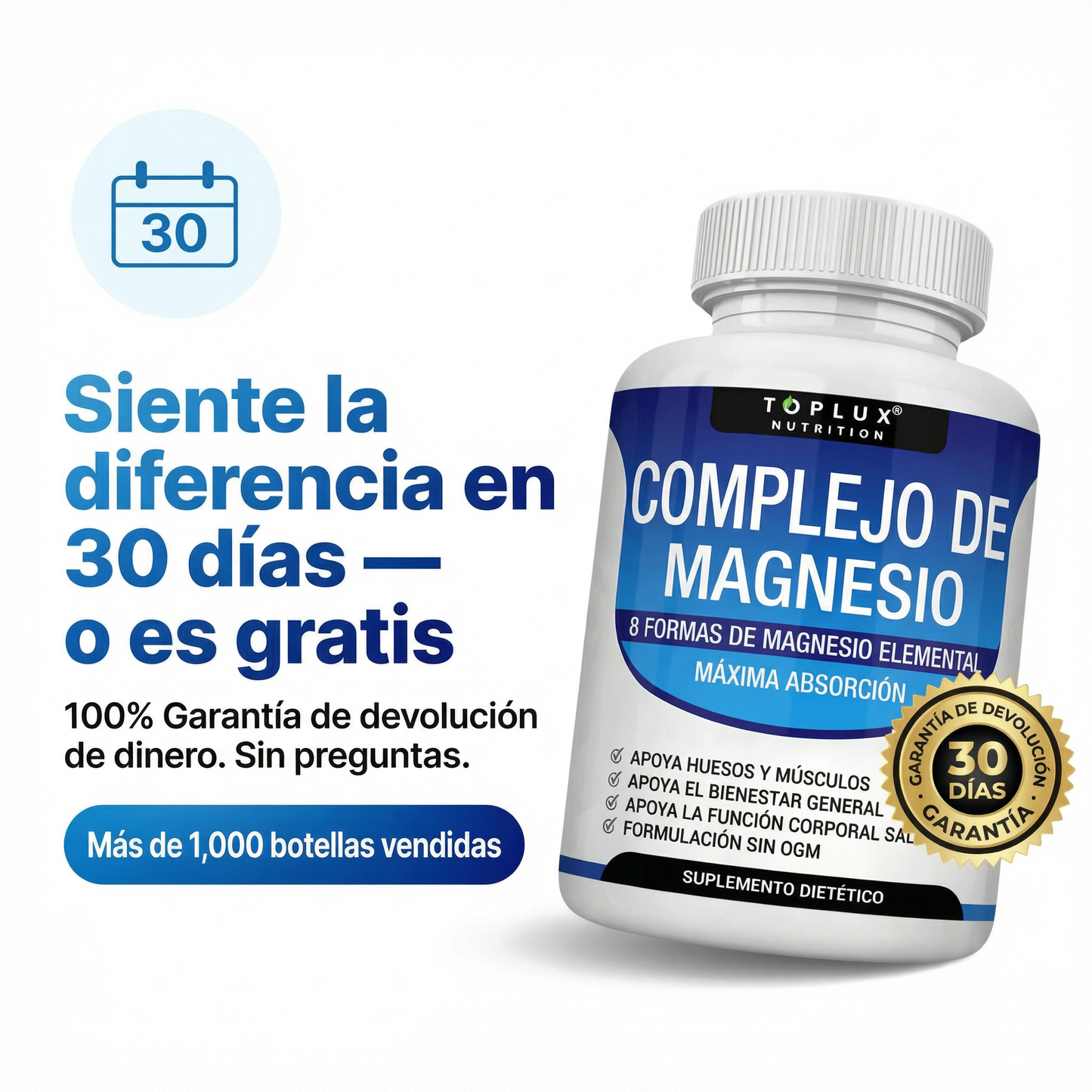Toplux Magnesium: Complejo 8 en 1 para piernas ligeras y equilibrio del cortisol Dosis clínicamente probada | 100% natural | Sin OGM (Non-GMO)
