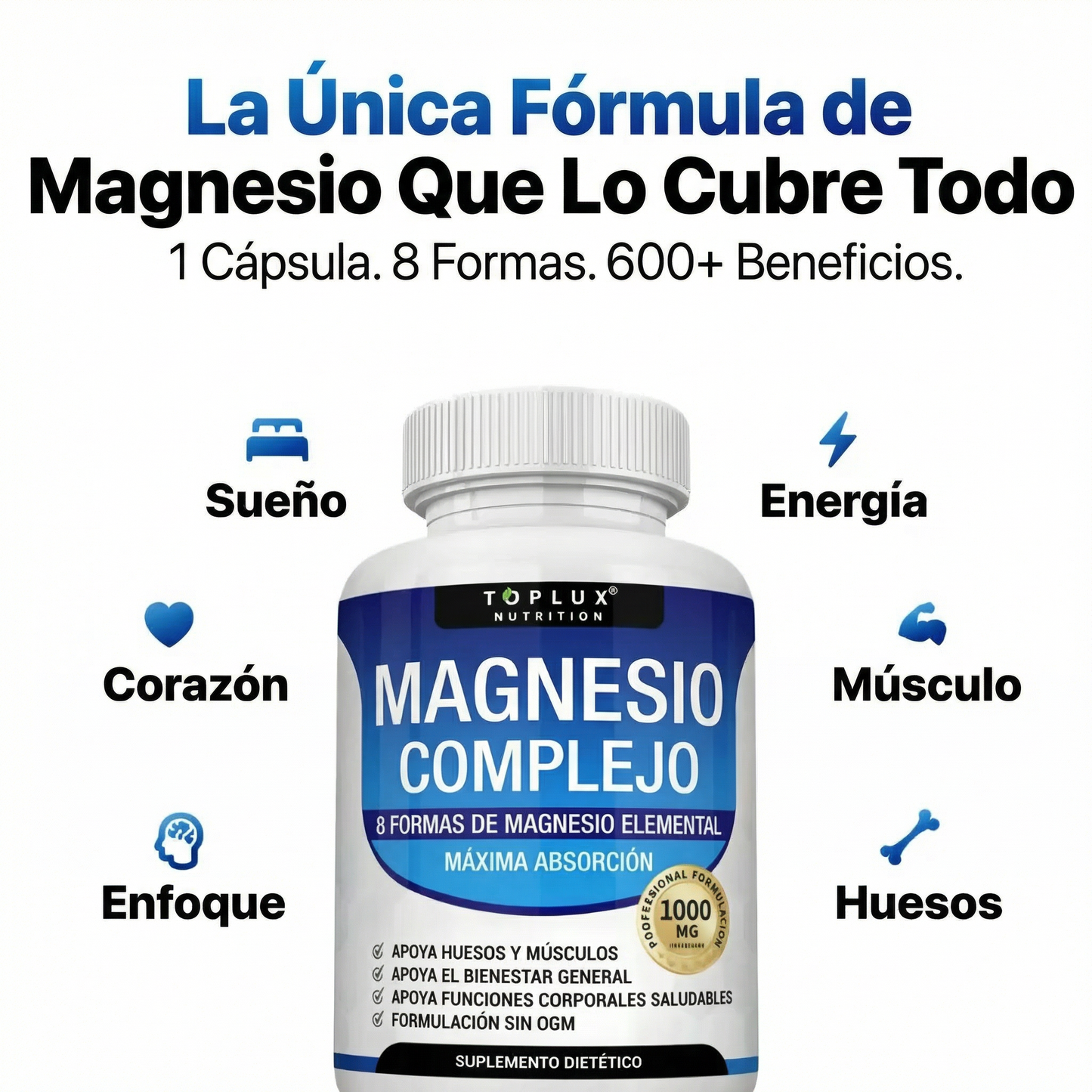 Toplux Magnesium: Complejo 8 en 1 para piernas ligeras y equilibrio del cortisol Dosis clínicamente probada | 100% natural | Sin OGM (Non-GMO)